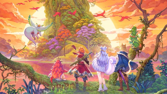 Los personajes del anime Visions of Mana miran un enorme árbol colorido con una puesta de sol.