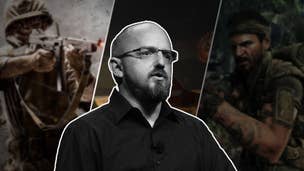 A black and white cutout of David Vonderhaar over the top of a split image consisting of Call of Duty World at War and Black Ops characters, as well as art of his new studio, BulletFarm.