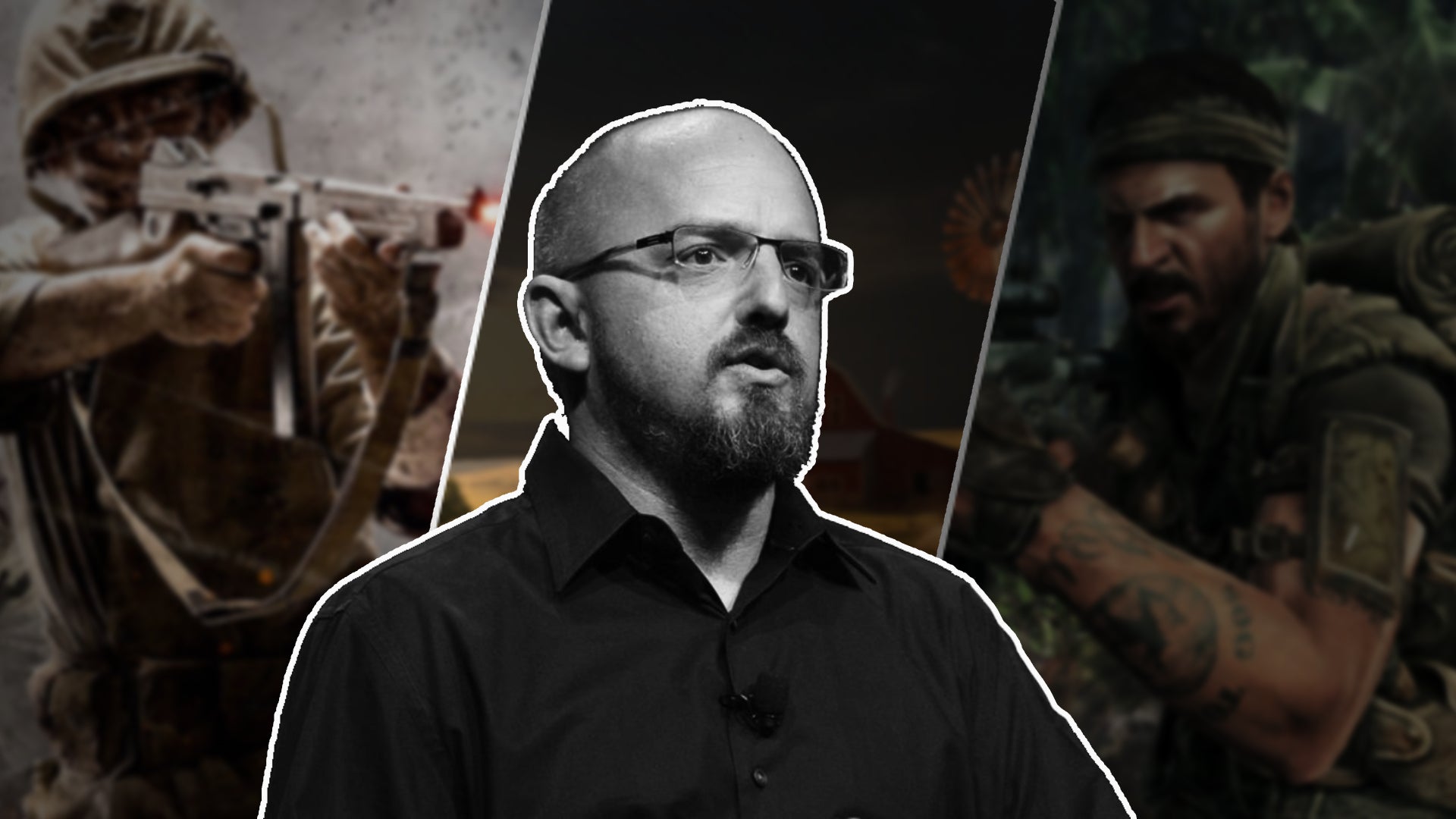 A black and white cutout of David Vonderhaar over the top of a split image consisting of Call of Duty World at War and Black Ops characters, as well as art of his new studio, BulletFarm. - 1