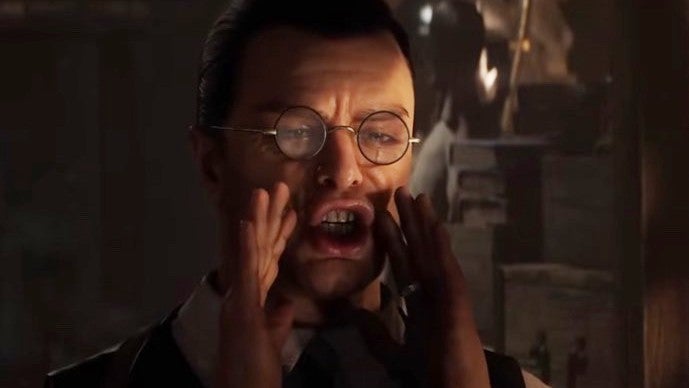 Voss in Indiana Jones and the Great Circle making an O shape with his mouth while rubbing around his lips