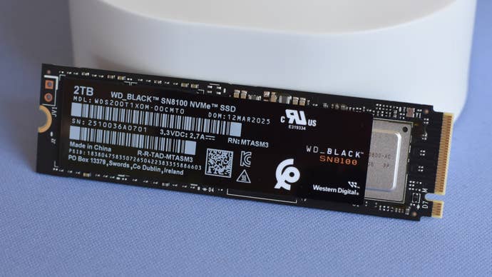 The WD Black SN8100 SSD, propped up connected its side.