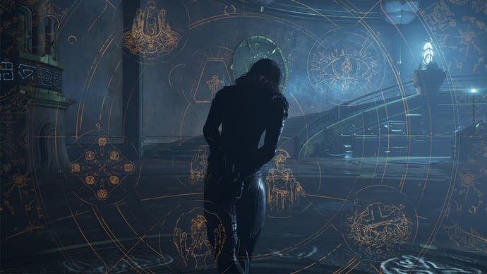 A screenshot from Warframe's Whispers in the Walls expansion showing a mysterious figure silhouetted against a dimly lit backdrop resembling an opulent abandoned laboratory.