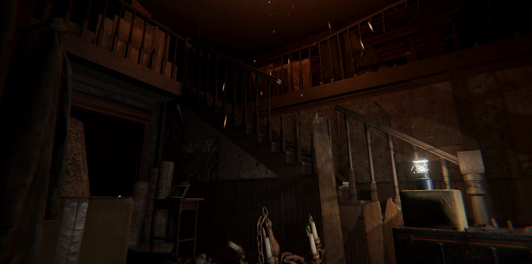 A work-in-progress and dark image that shows sparks in the air and a candelabra lies on the ground.