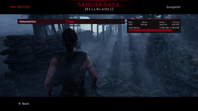 The Hellblade 2 menu, showing a near full-screen preview of a chosen setting