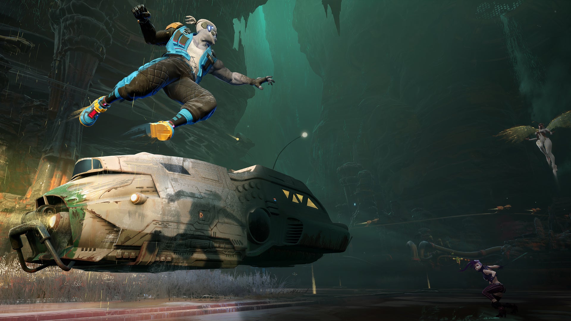 Screenshot of Wakerunners character leaping in the air against others
