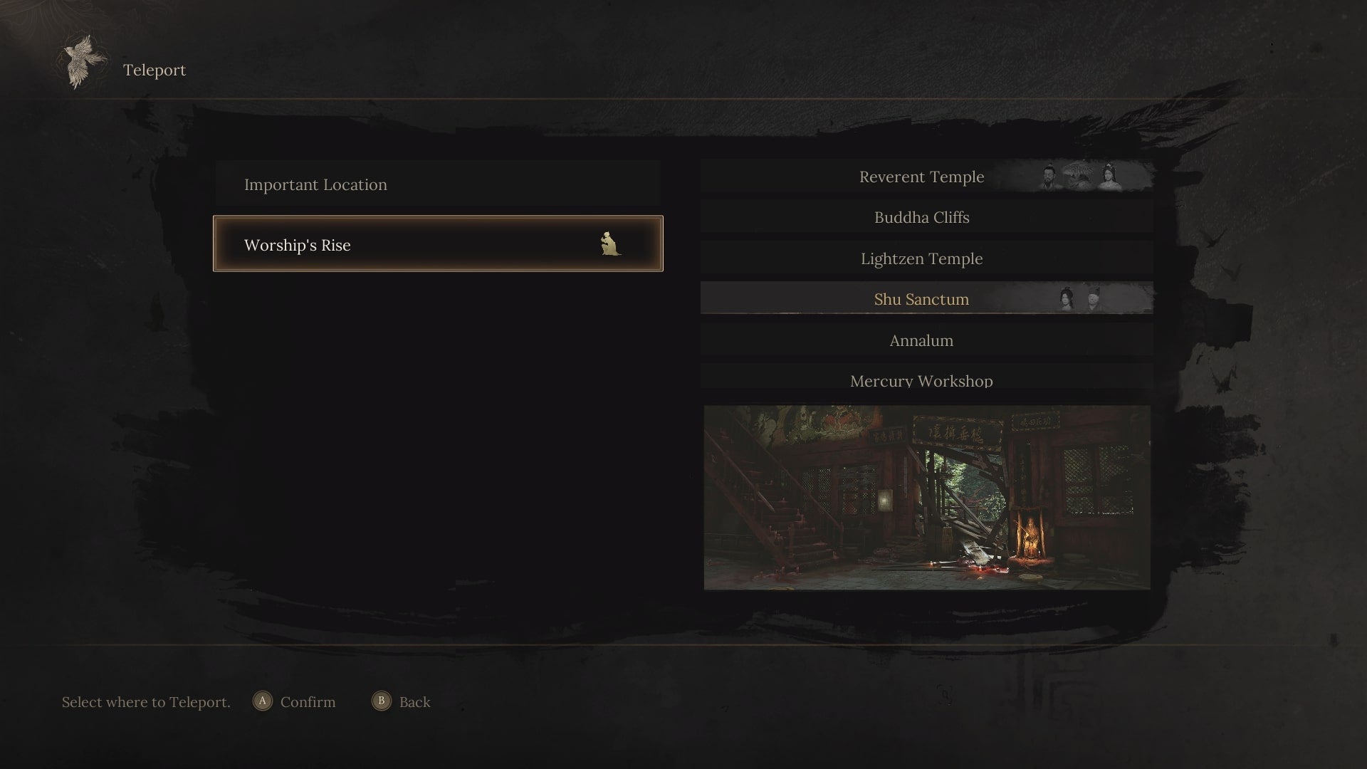Wuchang looks at the Teleport menu at a Shrine in WUCHANG: Fallen Feathers - 3
