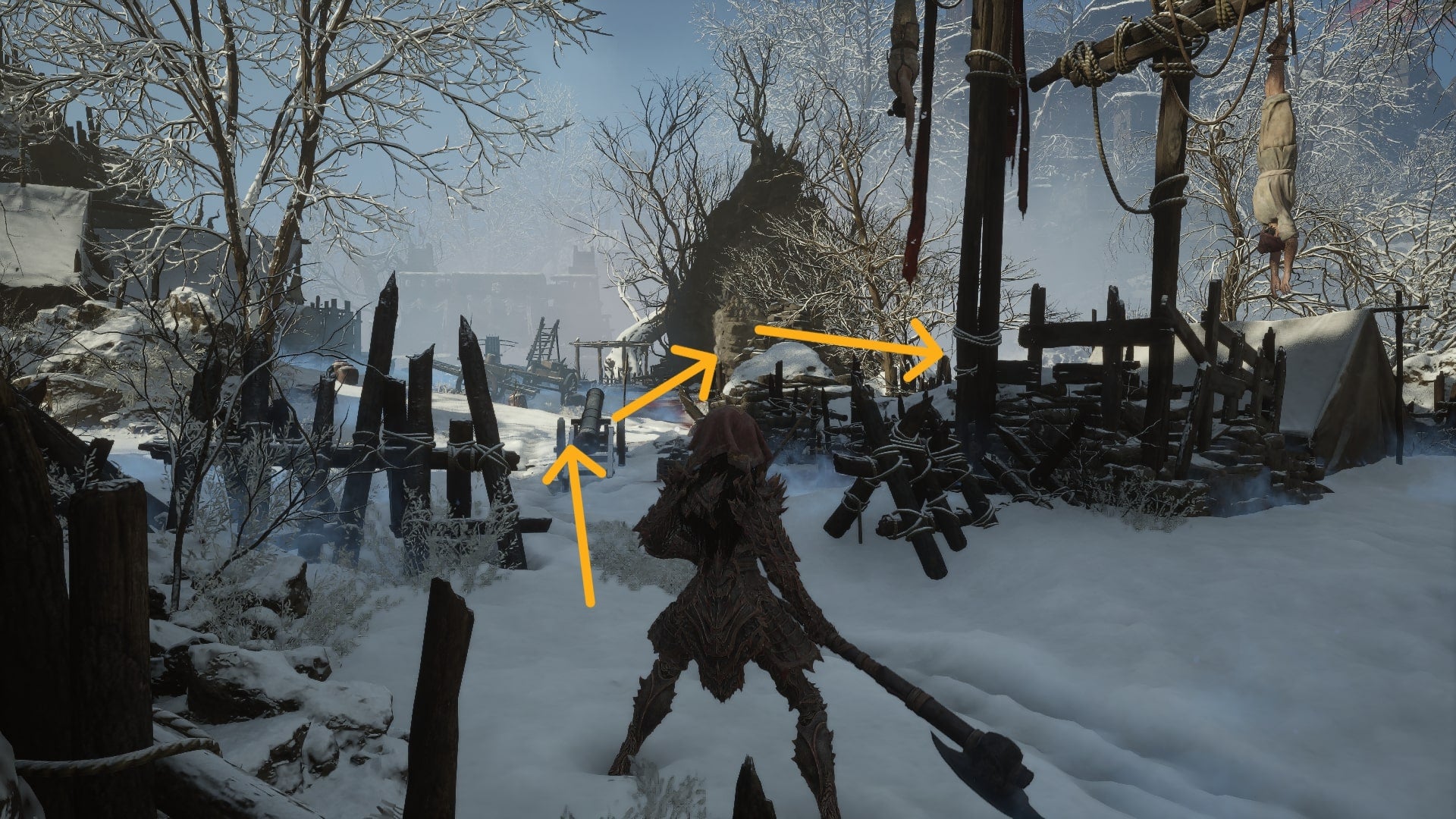 The directions from a Cloudspire camp to a gate that needs to be unlocked are labelled on a screenshot of WUCHANG: Fallen Feathers - 6