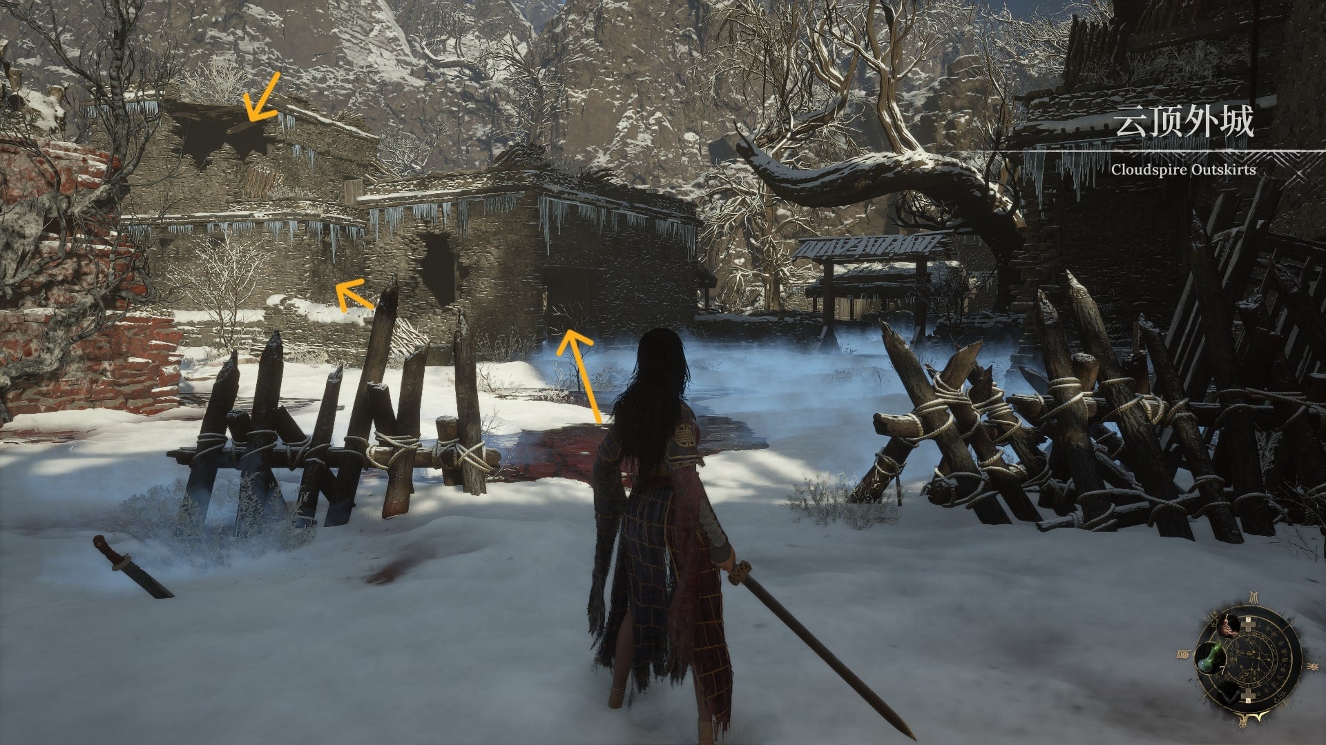 Wuchang stands at the Cloudspire Outskirts Shrine, with yellow labels pointing out the route to Qiao Ying in WUCHANG Fallen Feathers - 4