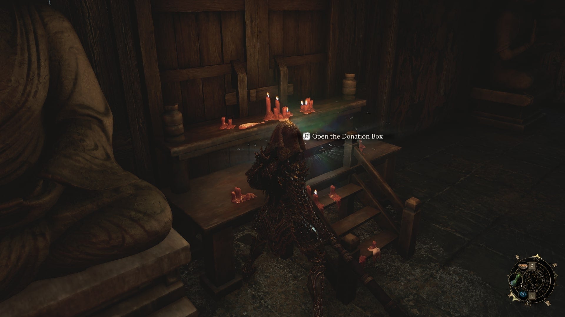 Wuchang looks at the Donation Box in Reverent Temple in WUCHANG: Fallen Feathers - 6