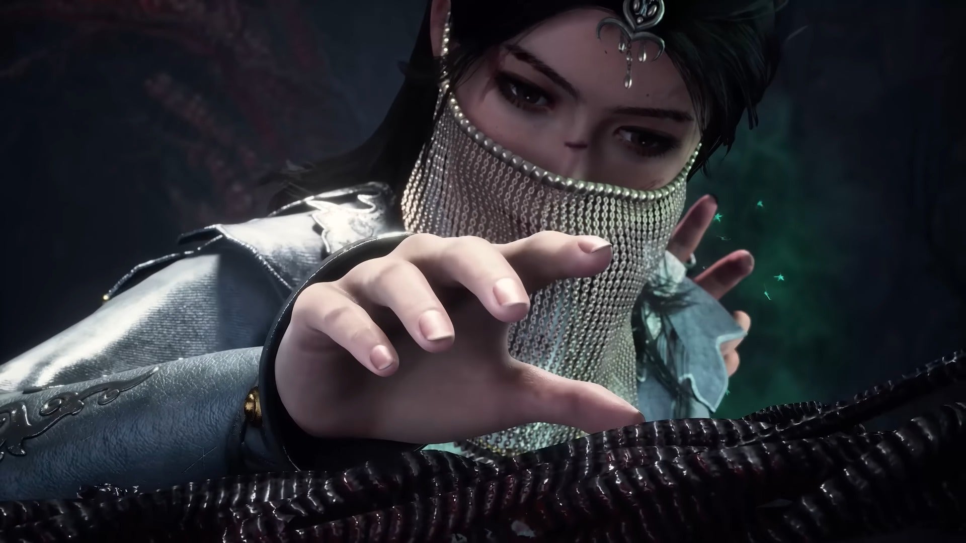 Wuchang can be seen reaching for an item while a mysterious hand reaches out for her from behind in WUCHANG: Fallen Feathers' launch trailer - 1