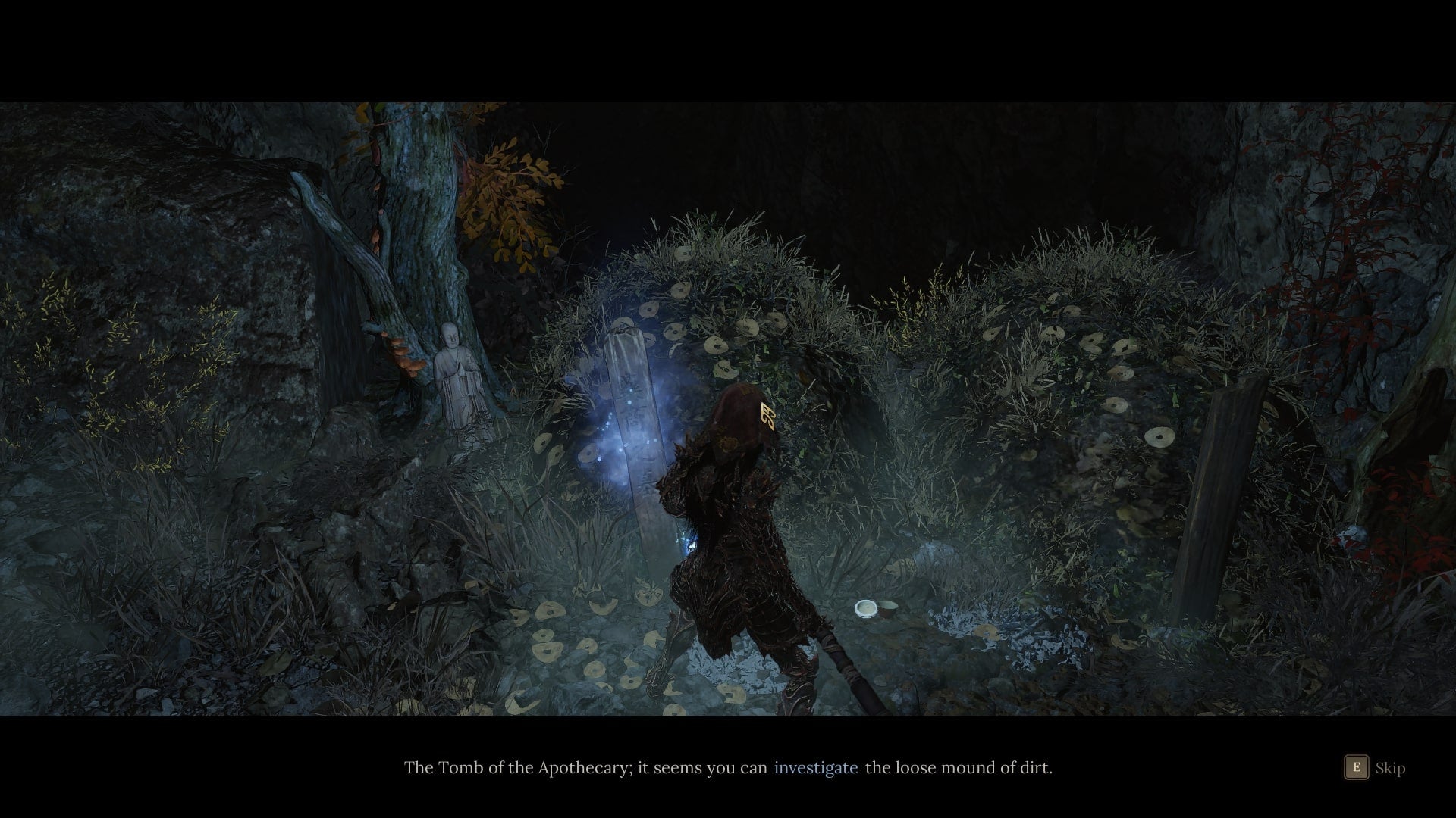 The player interacts with a glowing blue clue - known as Faces of the Past - beside two mounds of dirt in Cloudspire in WUCHANG: Fallen Feathers - 6