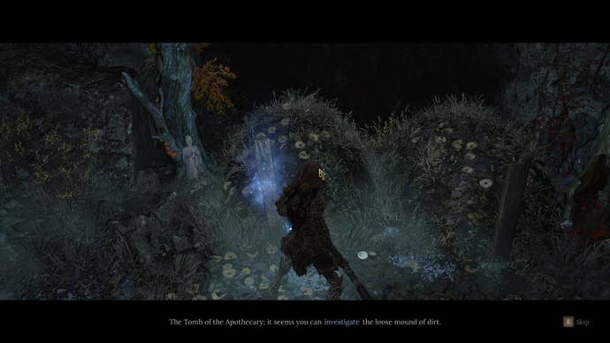 The player interacts with a glowing blue clue - known as the faces of the past - next to two mounds of dirt in the clouds in Wuchang: Fallen Feathers