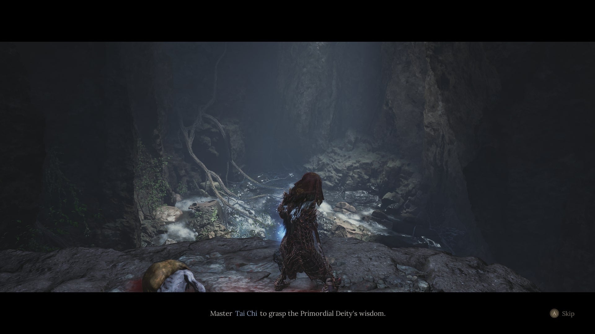 The player interacts with a glowing blue clue - known as Faces of the Past - in a cave beside Reverent Temple in WUCHANG: Fallen Feathers - 5