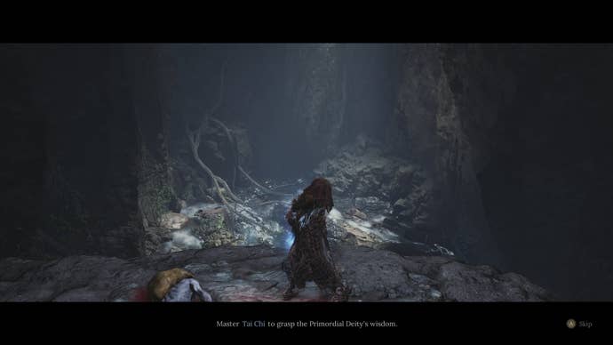 The player interacts with a glowing blue clue - known as the faces of the past - in a cave next to the worship of the temple in Wuchang: Fallen Feathers