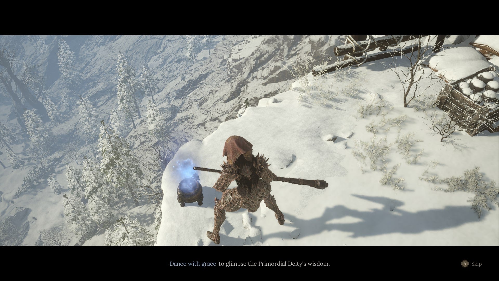 The player interacts with a glowing blue clue - known as Faces of the Past - in Cloudspire in WUCHANG: Fallen Feathers - 8