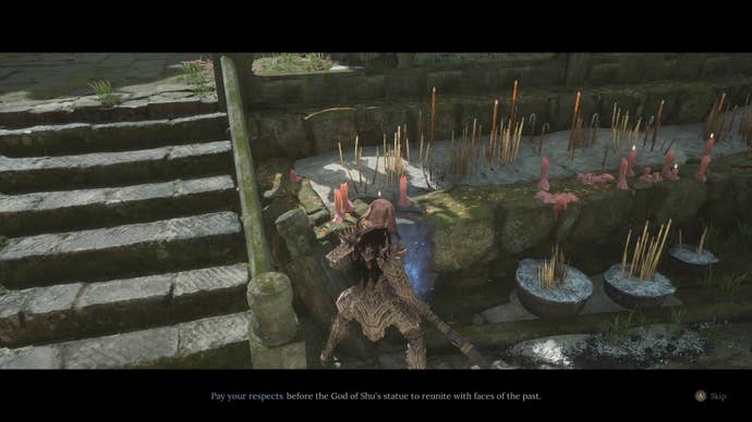 The player interacts with a shining blue clue - known as the faces of the past - before Shu Sanctum in Wuchang: Fallen Feathers