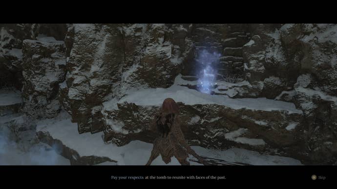 The player interacts with a shining blue clue - known as the faces of the past - next to a large cave near Cloudspire in Wuchang: Fallen Feathers