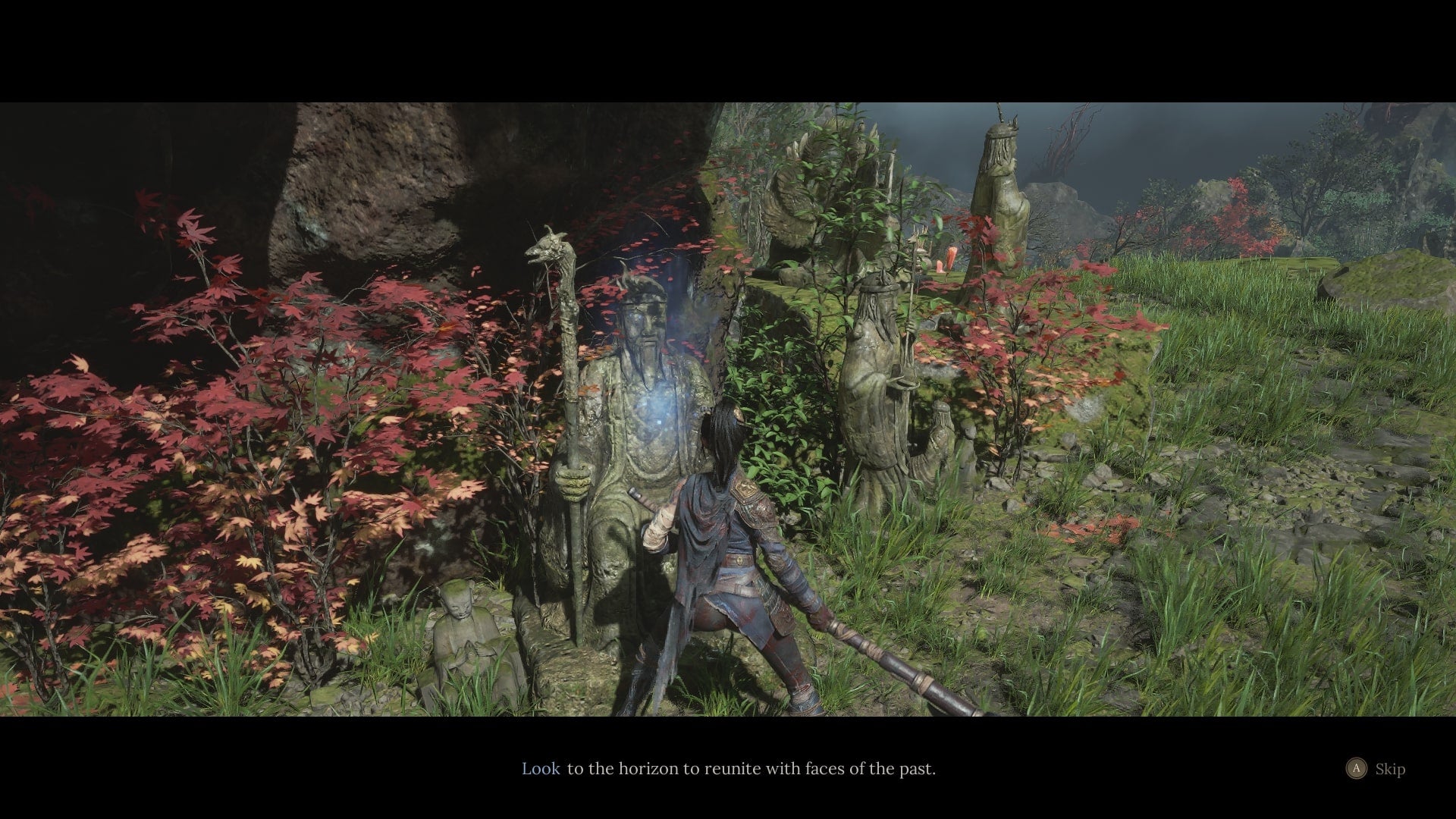 The player interacts with a glowing blue clue - known as Faces of the Past - atop a hill beside Shu Sanctum in WUCHANG: Fallen Feathers - 4