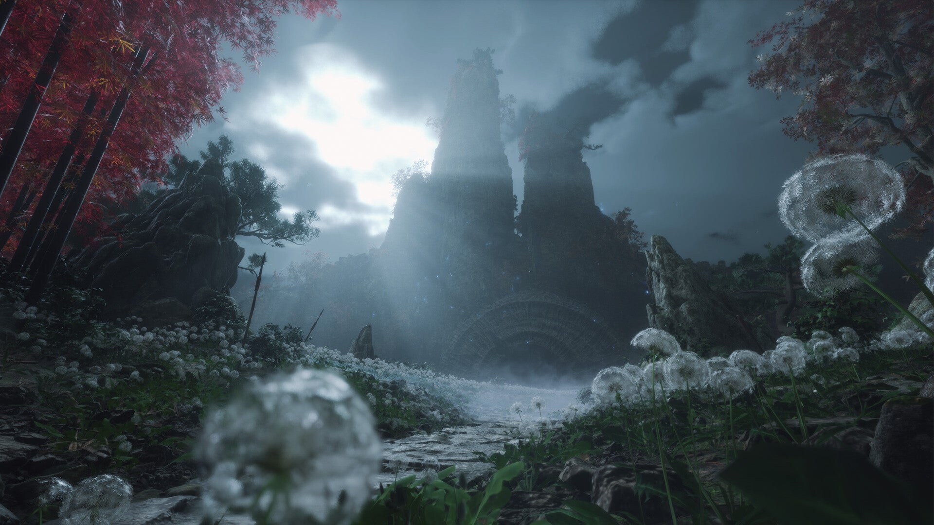In key artwork for WUCHANG: Fallen Feathers, some ruins can be seen in the distance, surrounded by a field of dandelions - 1