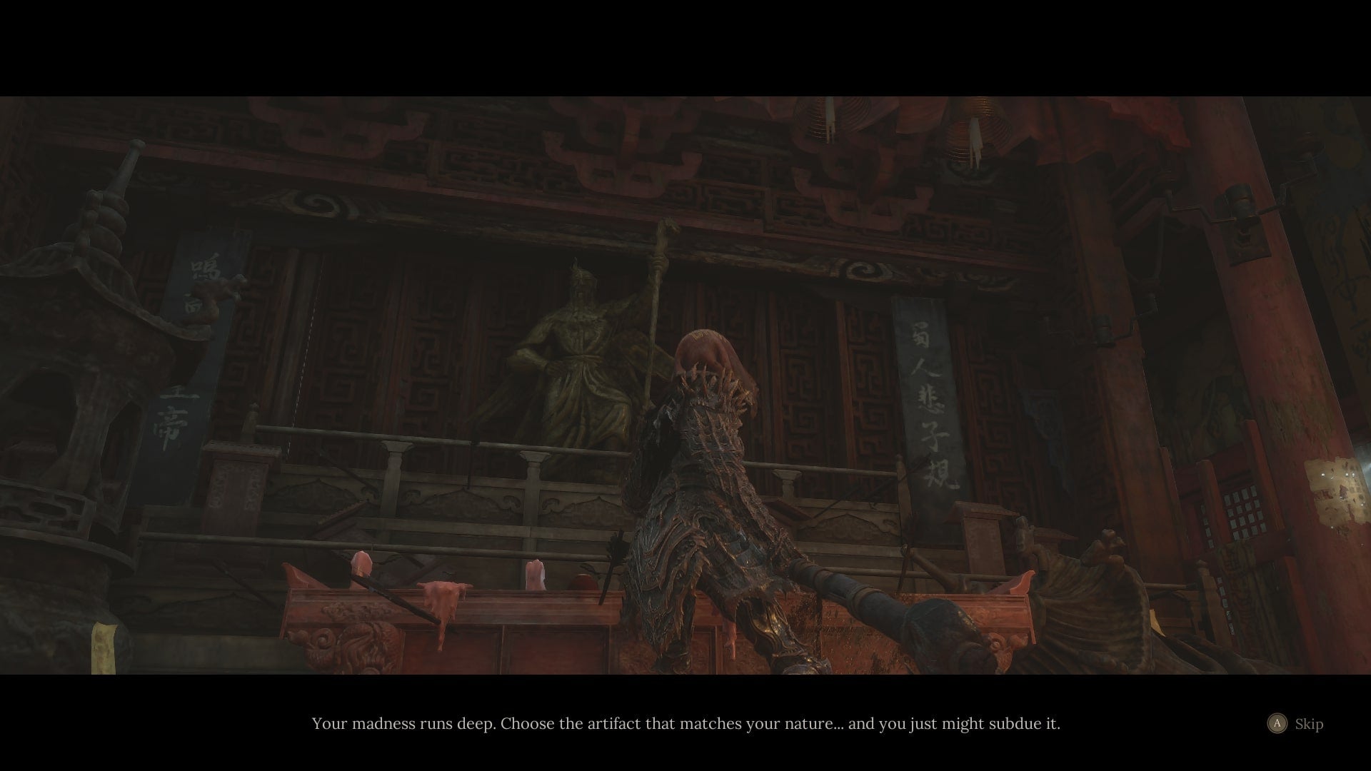 Wuchang interacts with the God of Shu statue inside of Shu Sanctum in WUCHANG: Fallen Feathers - 5