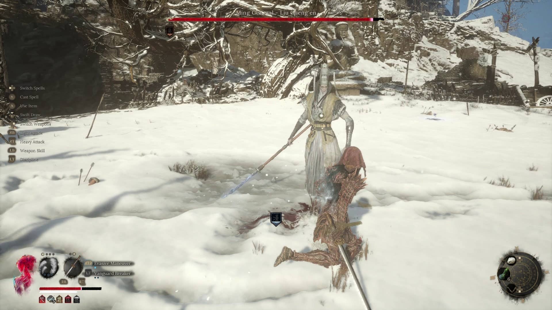 The player faces Ming General, Liu Cheng'en in Snowpeak Pass in WUCHANG: Fallen Feathers