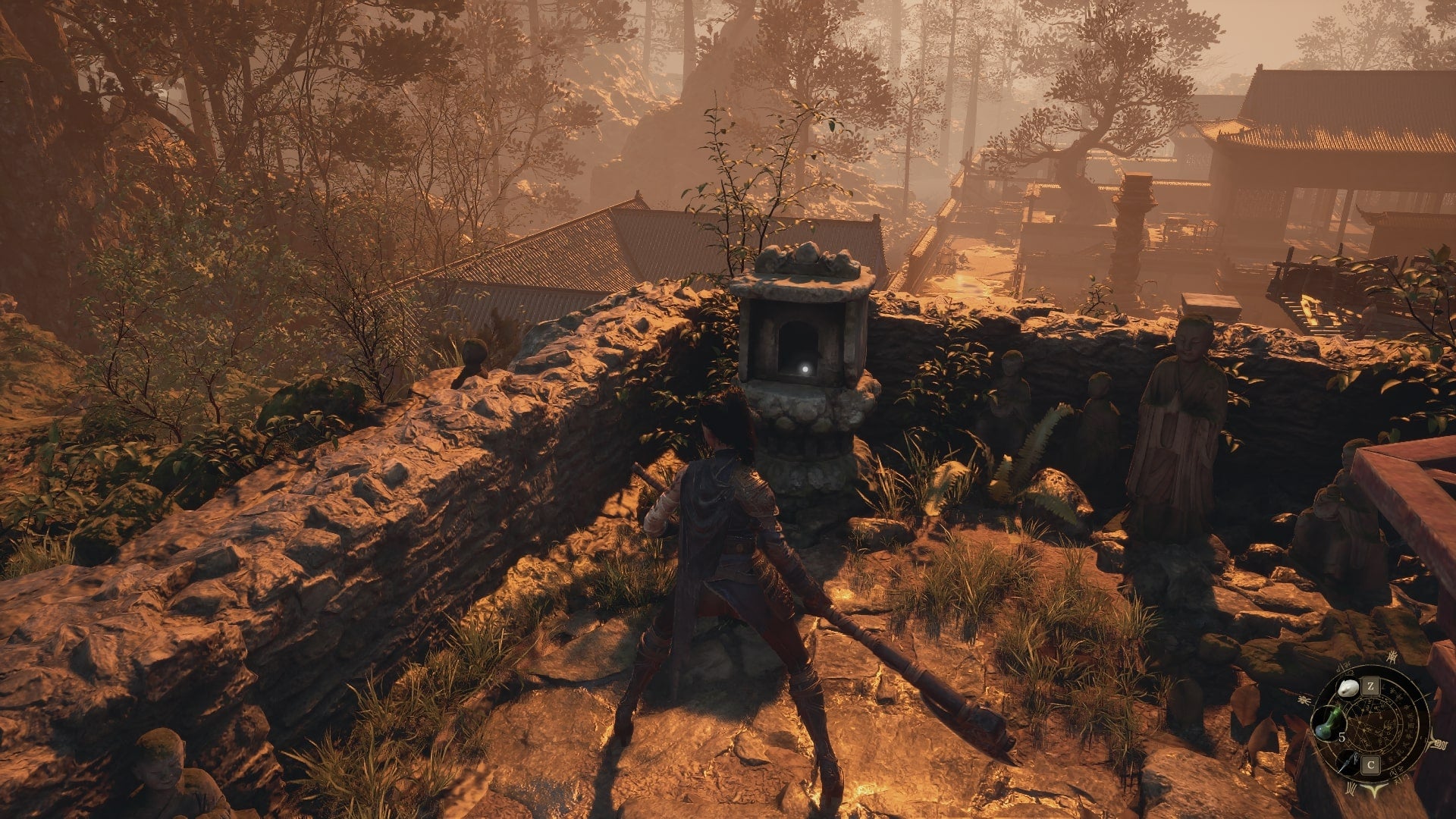 Wuchang looks at a pedestal where a Buddha statue can be placed in WUCHANG: Fallen Feathers - 3