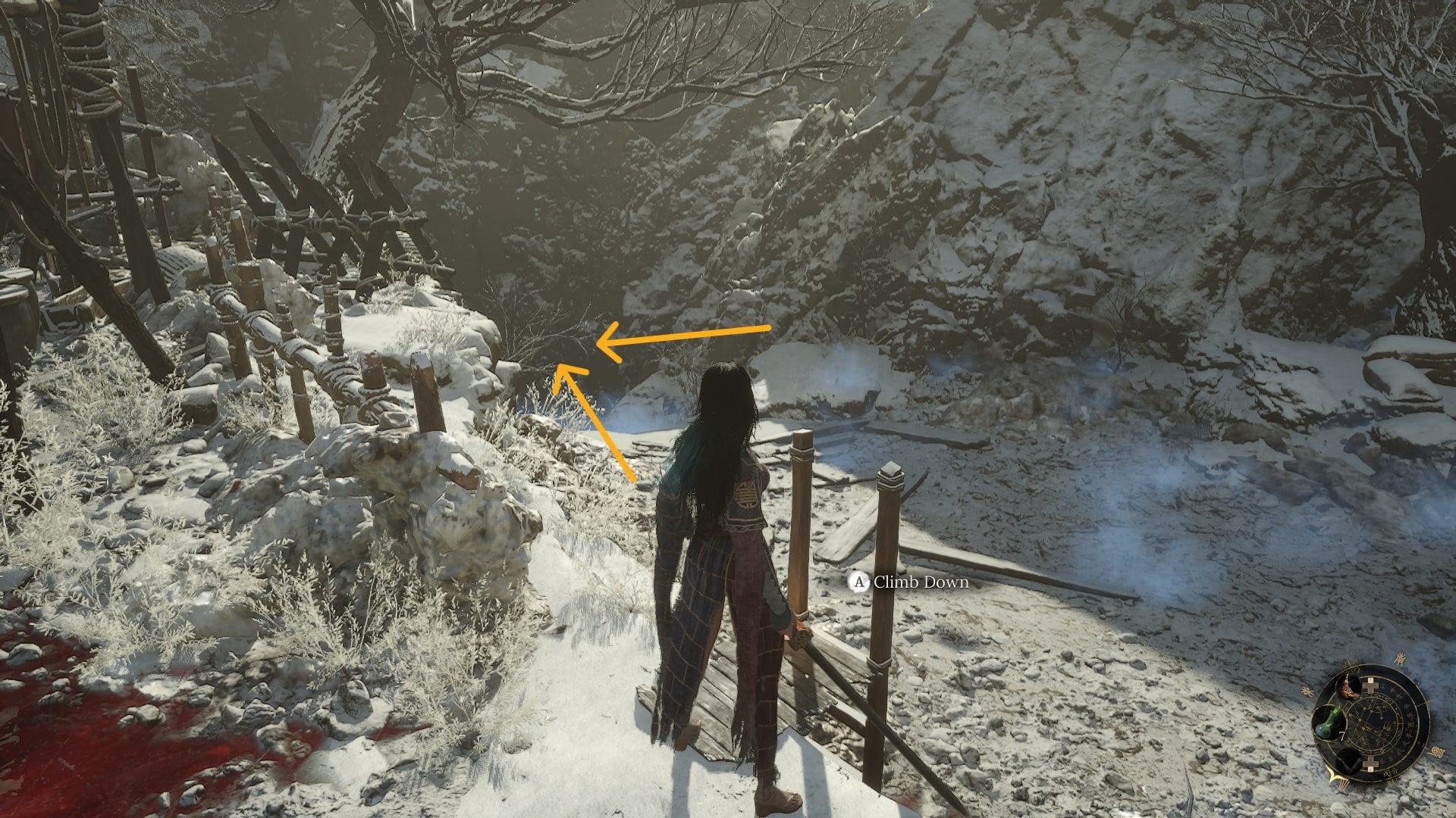 Wuchang stands at the Rebel Camp Shrine, with yellow labels pointing out the route to the Al Nengqi boss fight in WUCHANG Fallen Feathers - 5
