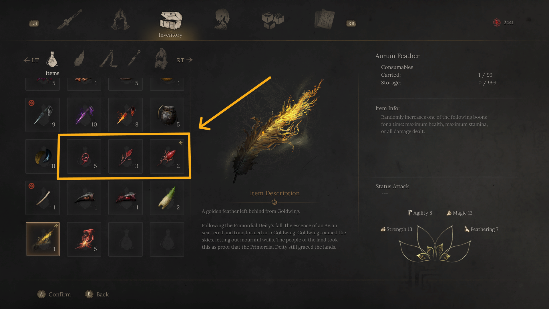 Red Mercury Sprouts, Red Mercury Shoots, and Budding Red Mercury are labelled in the player inventory in WUCHANG: Fallen Feathers - 5