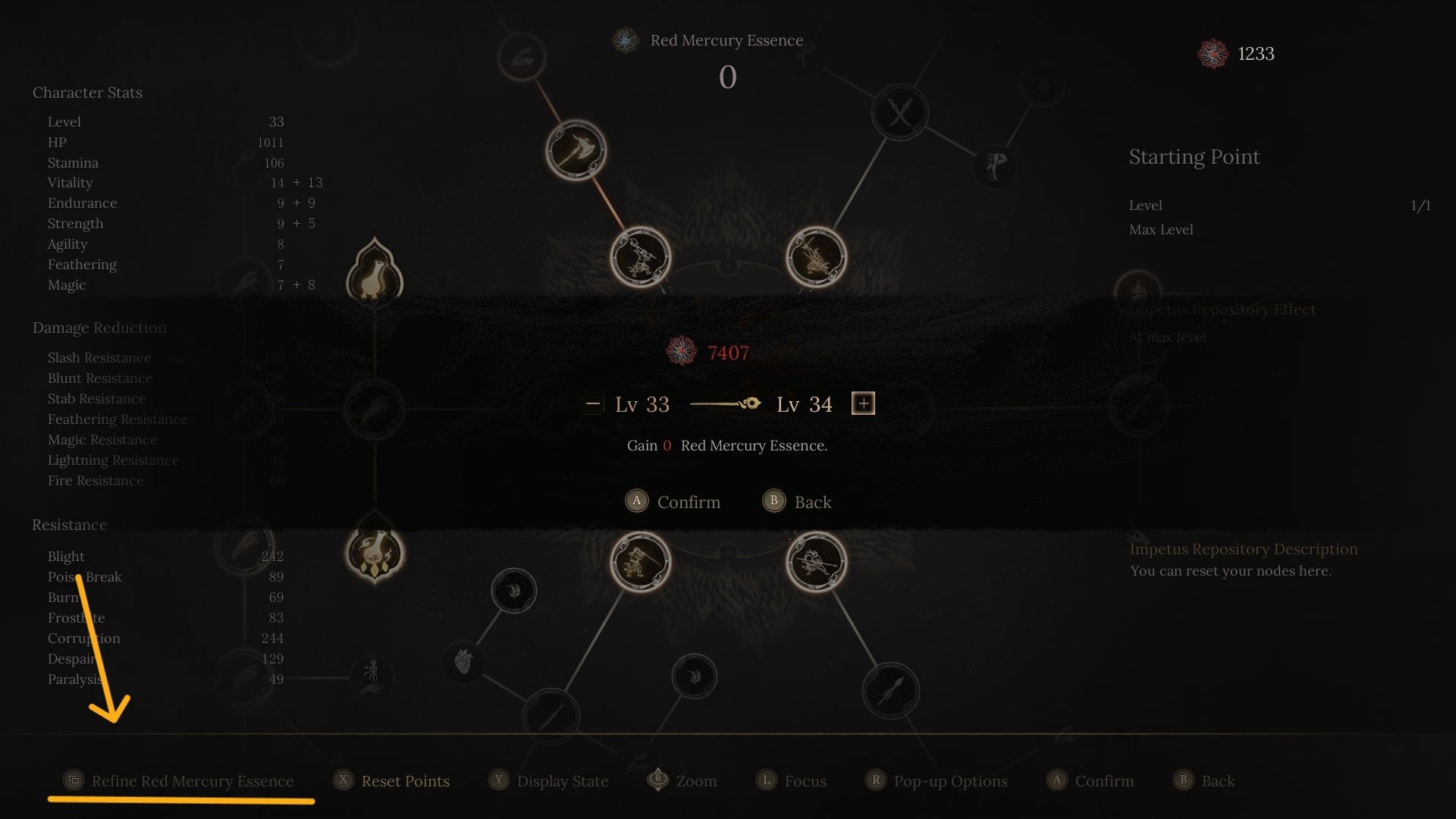 The 'Refine Red Mercury Essence' option is shown and labelled in the Impetus Repository in WUCHANG: Fallen Feathers - 3