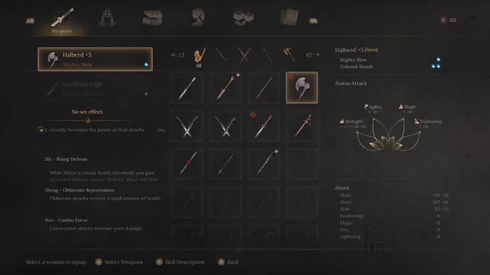 The inventory of the player's weapon, including blessing, was shown in Wuchang: Fallen Feathers