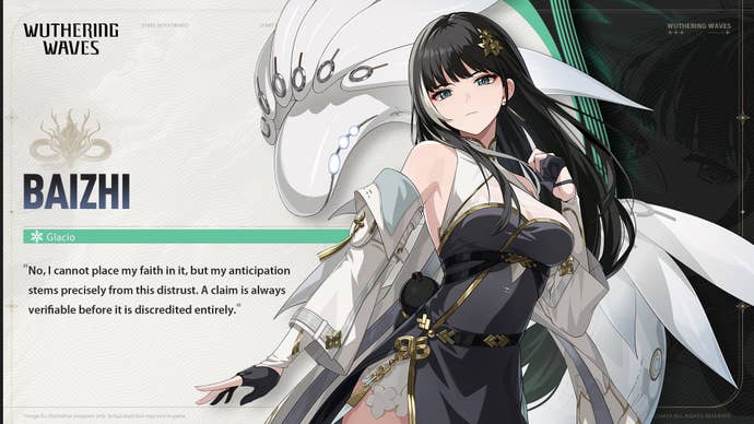 A character card for Wuthering Waves' Baizhi is shown