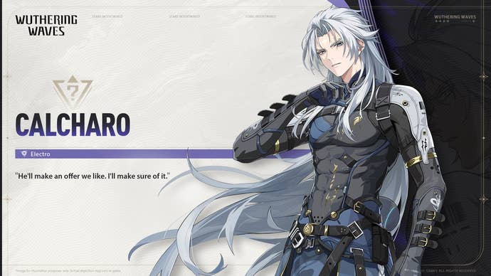 A character card for Wuthering Waves' Calcharo is shown