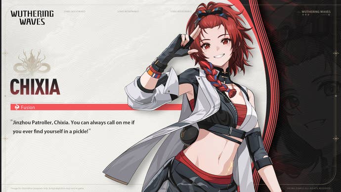 A character card for Wuthering Waves' Chixia is shown