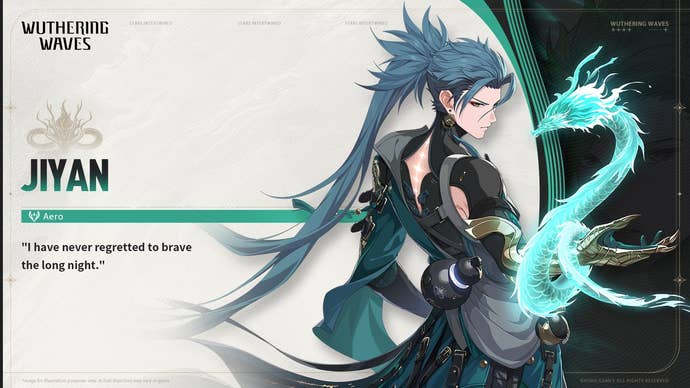 A character card for Wuthering Waves' Jiyan is shown