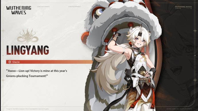 A character card for Wuthering Waves' Lingyang is shown