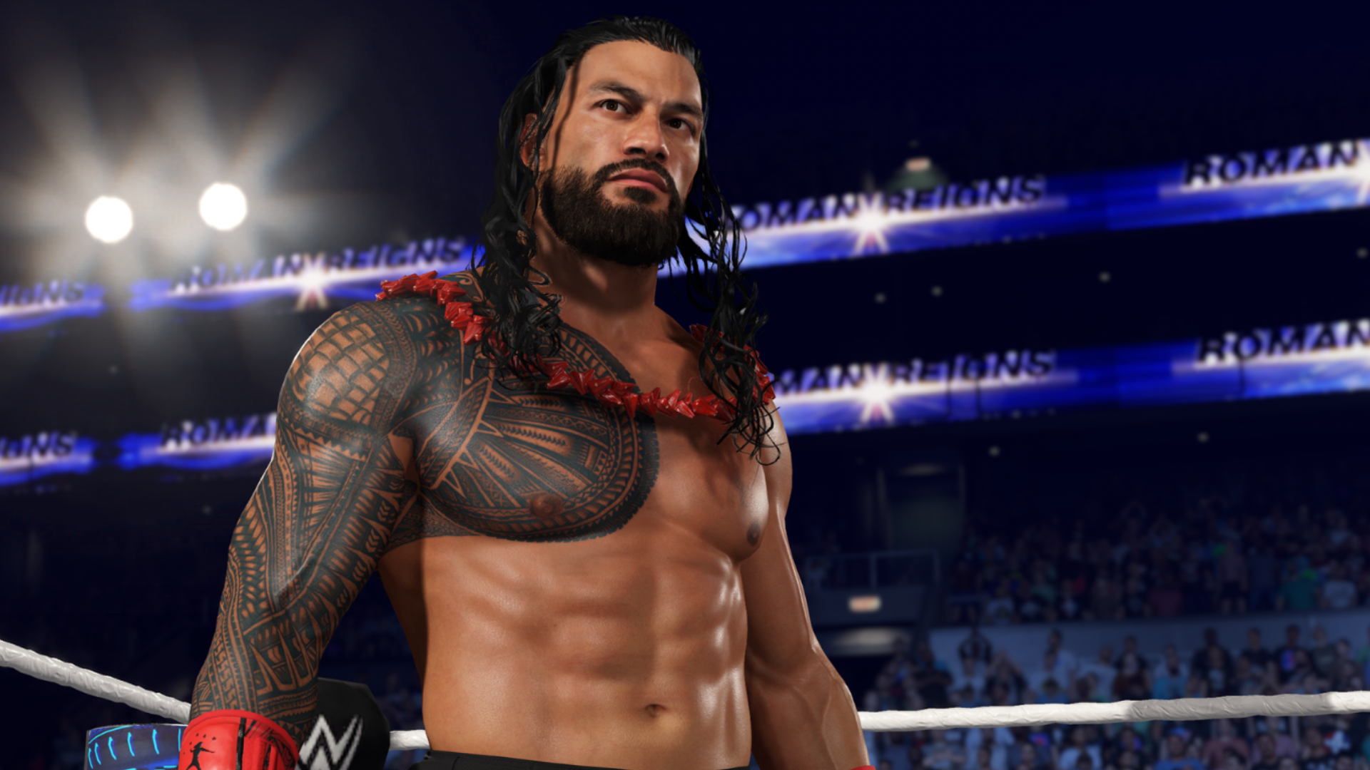 Screenshot of WWE 2K25 showing close up of male wrestler Roman Reigns inside a stadium
