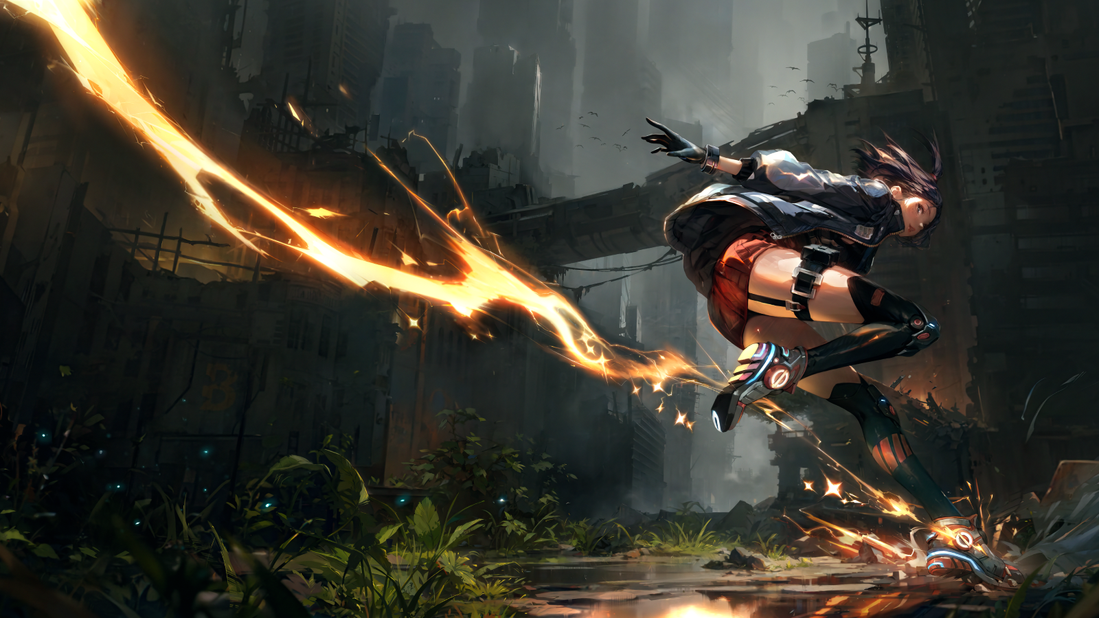 Wakerunners key art of woman leaping through dystopian environment