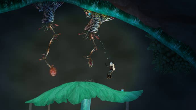Action gardening in Waking Mars: the player, in a side on platformer, jumps on a giant green leaf and wrangles two spikey, dangerous looking venus flytrap-esque plants hanging from the ceiling