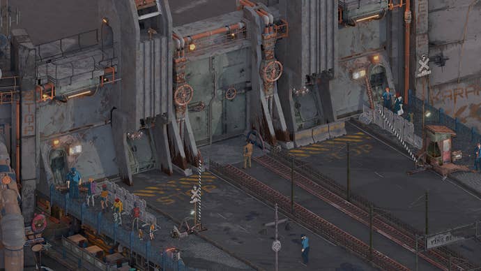 A huge metal door in a big wall with people queuing outside, from the Istanbul-set RPG Pera Coda