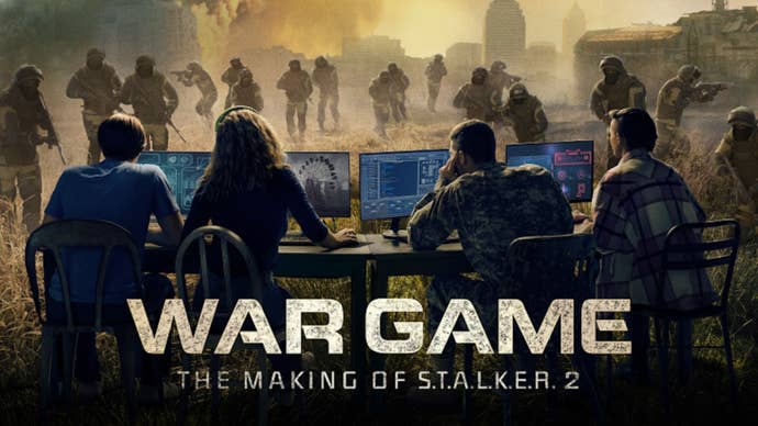 Promo image for Stalker 2’s War Game documentary showing four developers sitting at computers as a battle goes on around them