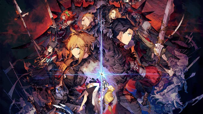 Key art showing main characters from War of the Visions: Final Fantasy Brave Exvius. The art focuses on the two princes stood back to back, and an unconscious maiden