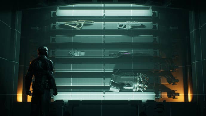 A clone stands and looks at a shelf full of weapons on a war barge (all pale light and yellow highlights) in Eve Vanguard.