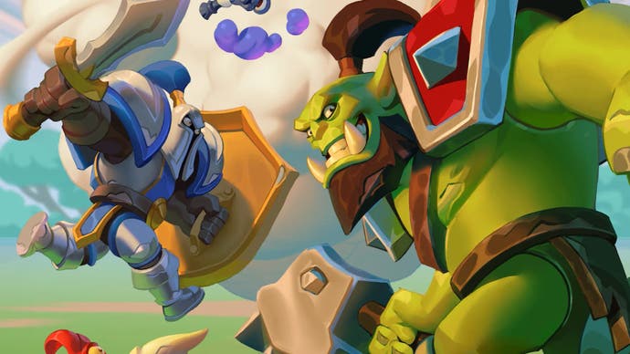 Warcraft Rumble artwork showing a knight and green troll charging into battle.