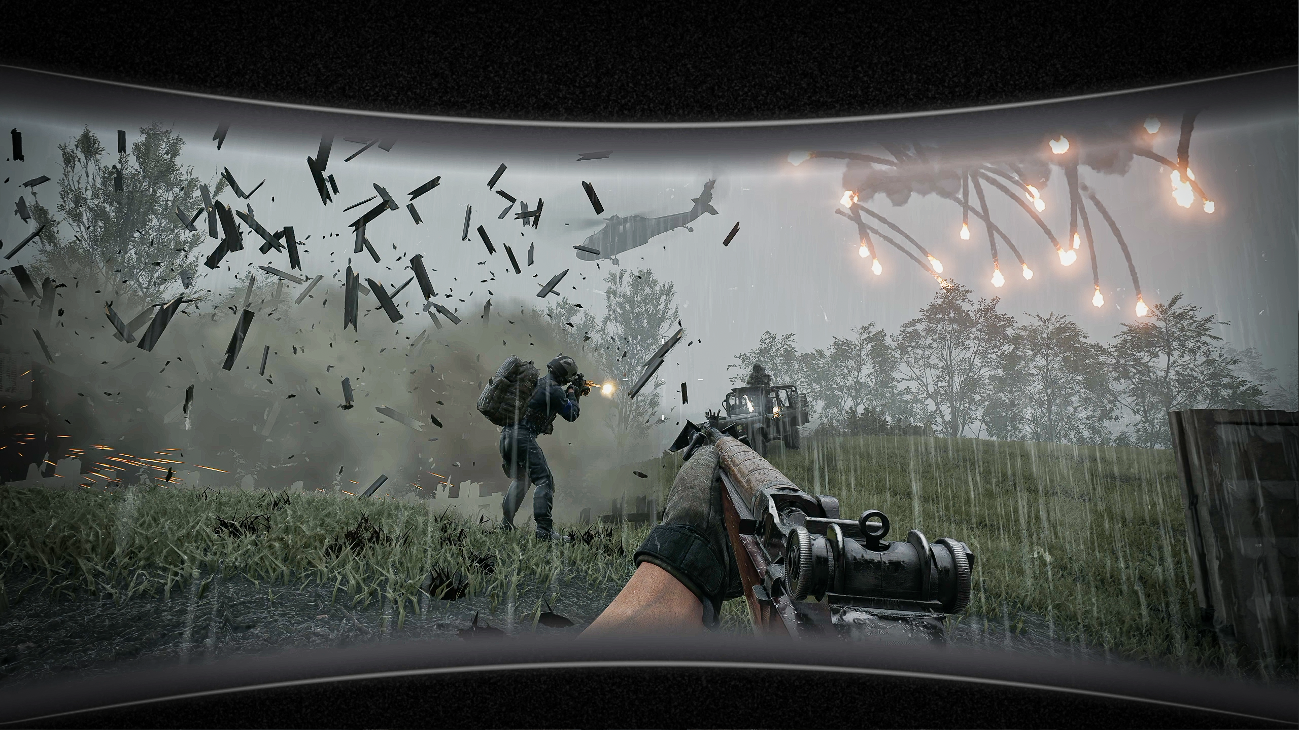 A close-range shootout in a rainy field in Wardogs, seen through the narrow visor of a combat helmet.