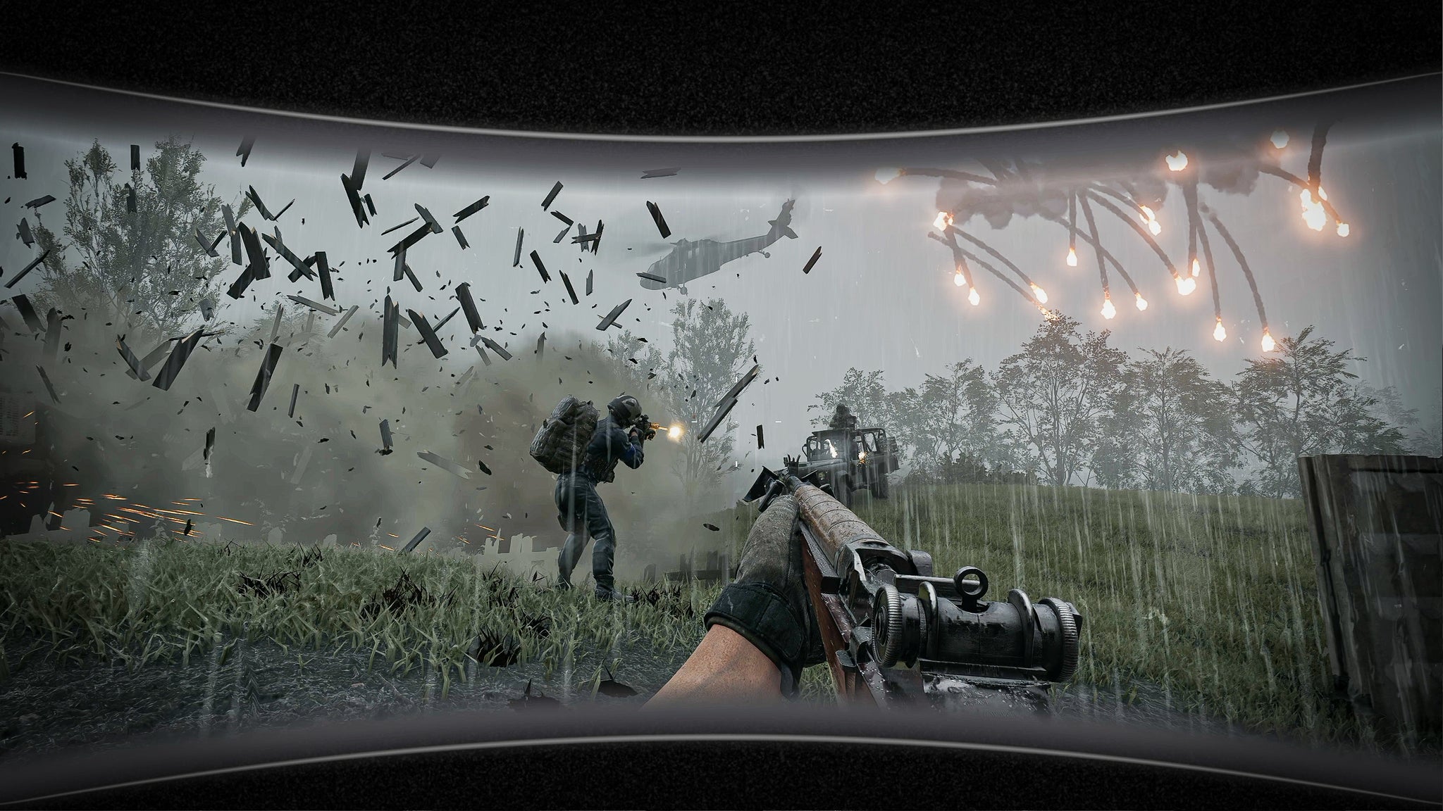 A close-range shootout in a rainy field in Wardogs, seen through the narrow visor of a combat helmet.