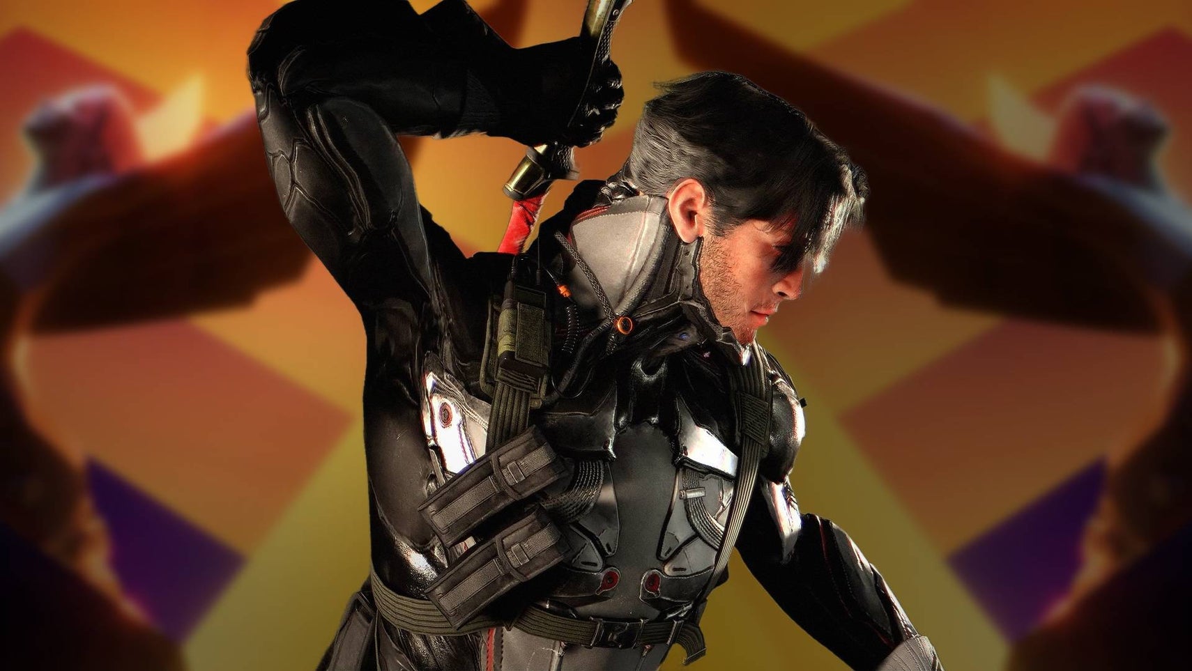 Warframe 1999 character over the top of two TGA statues. - 1