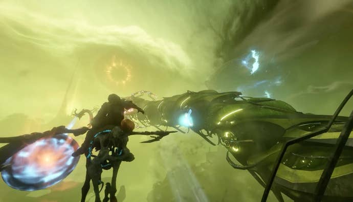 Alien horse flies alongside a big worm monster in Warframe’s Duviri Paradox update