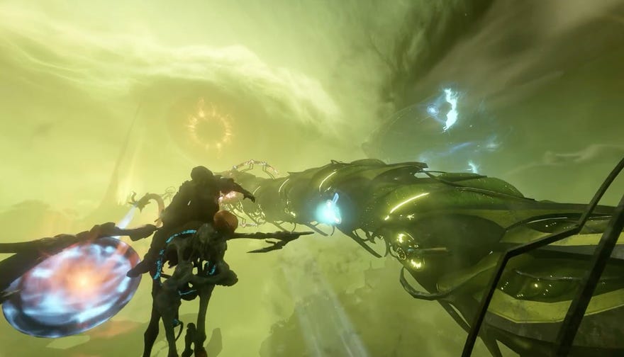 Alien horse flies alongside a big worm monster in Warframe’s Duviri Paradox update