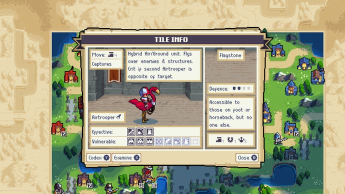 A unit info screen in Wargroove 2, filling us in on the Airtrooper, which looks like a flamingo with a pilot on the back.