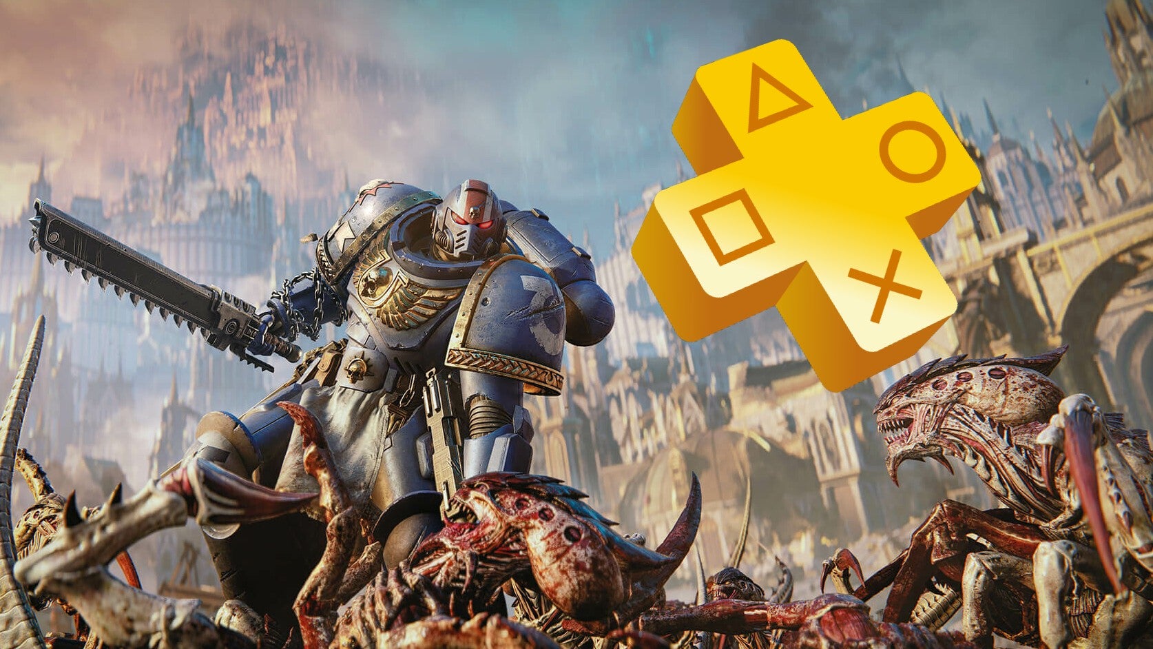 Warhammer 40,000 Space Marine 2 image showing bloody chaos with a PS Plus logo in the corner